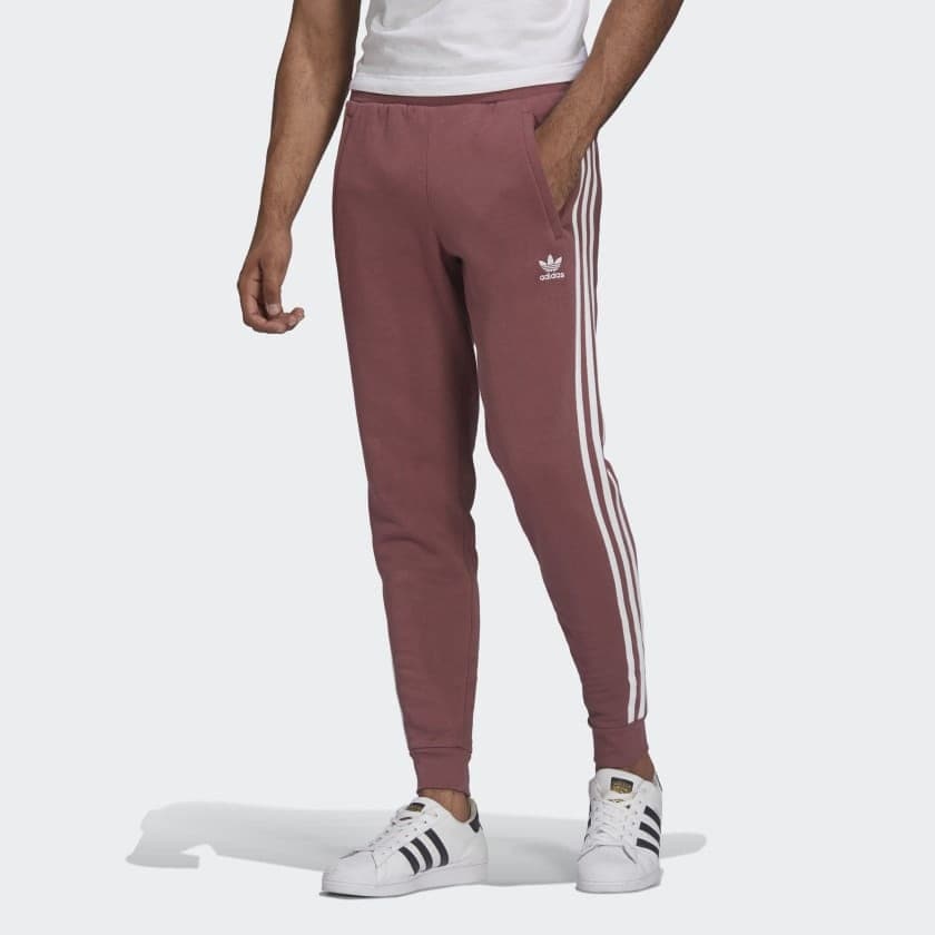 White adidas pants discount with red stripes